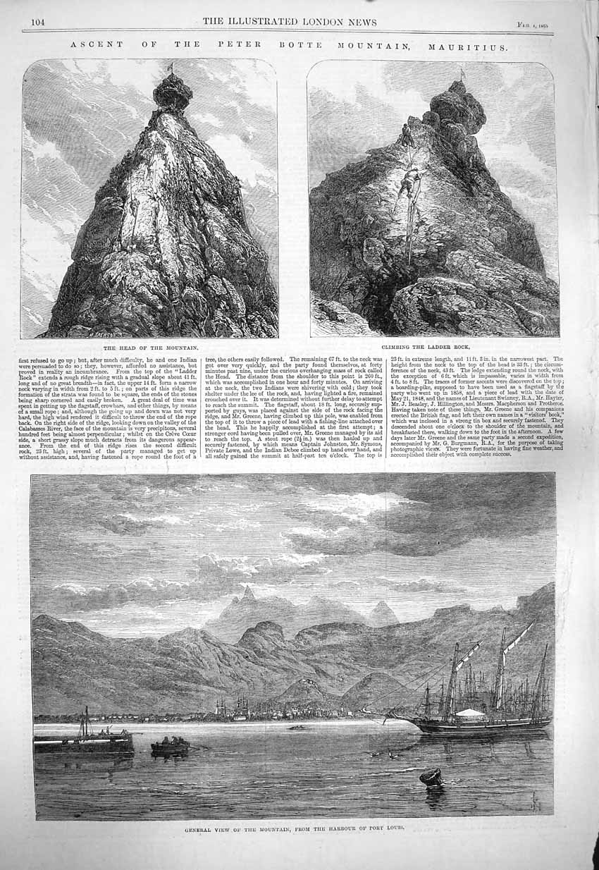 Original Old Antique Print 1865 Peter Botte Mountain Mauritius Harbour Por 19th