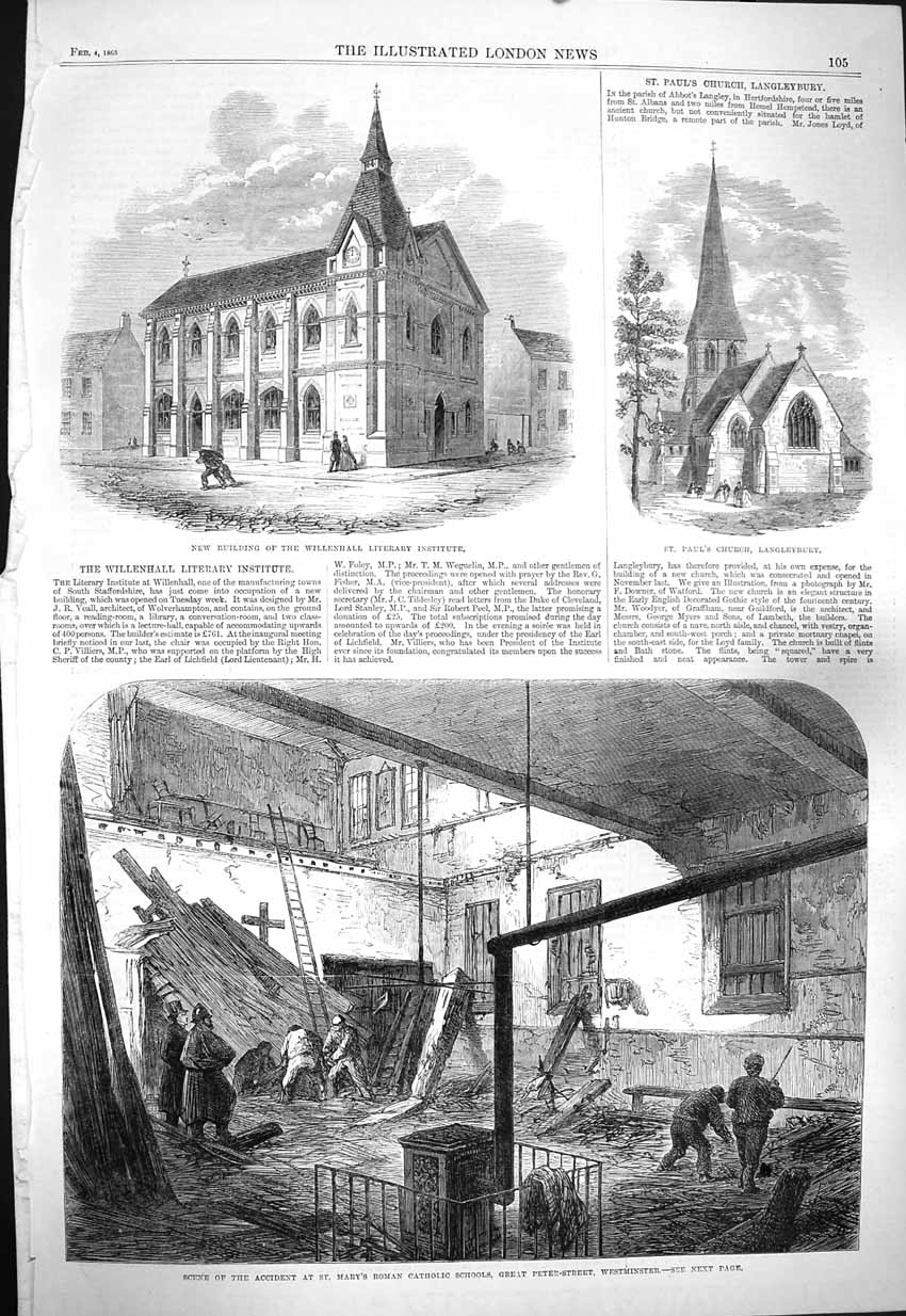 Original Old Antique Print 1865 Roman Catholic School Westminster Church 19th
