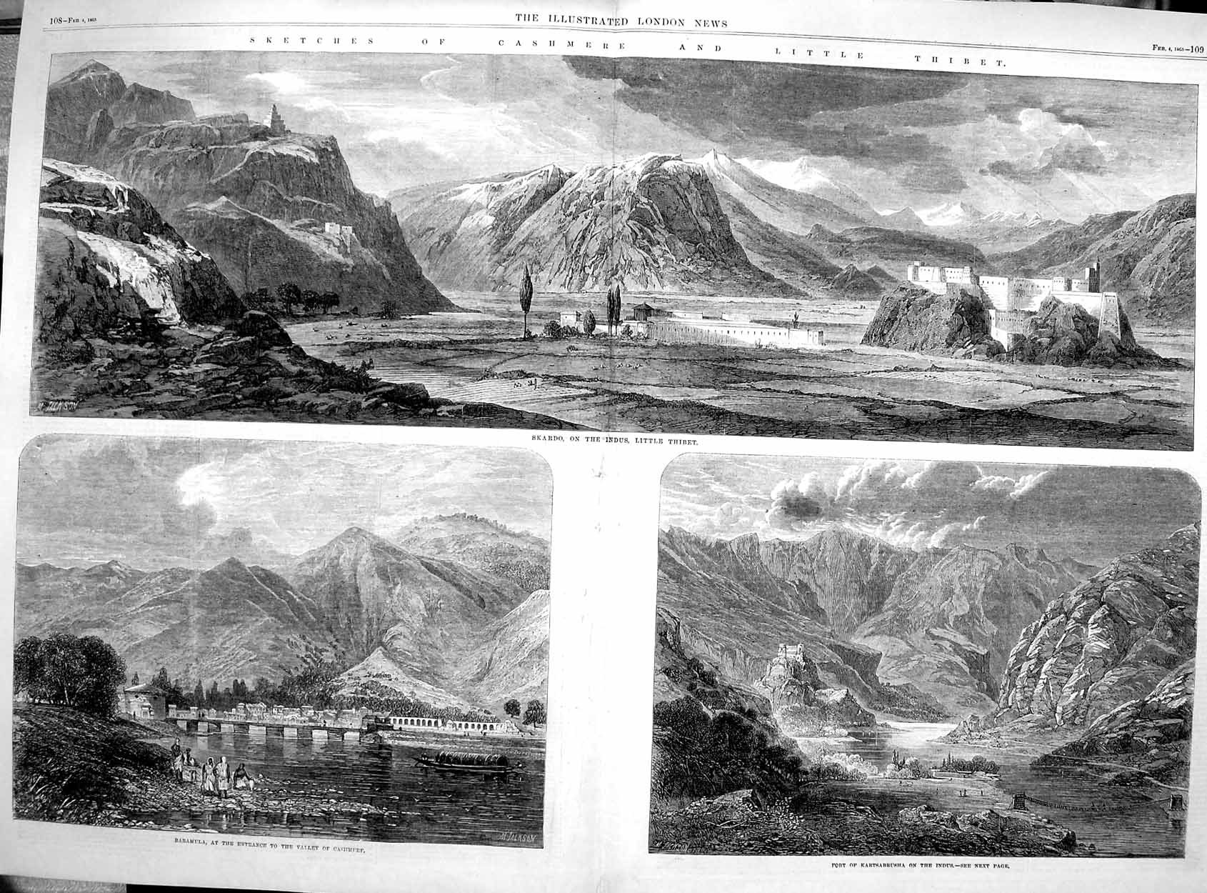 Old Antique Print 1865 Cashmere Thibet Indus Fort Kartsabrusha Baramula 19th