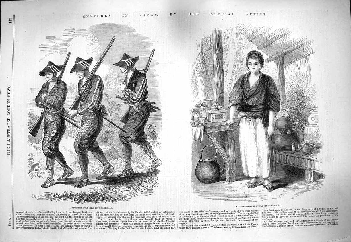 Original Old Antique Print 1865 Japanese Siers Yokohama Refreshment Stall 19th