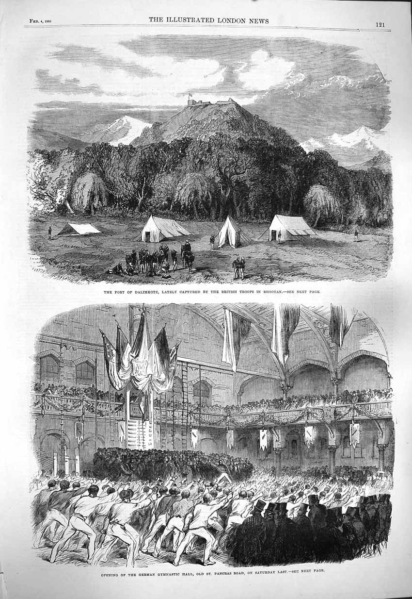 Original Old Antique Print 1865 Fort Dalimkote Bhootan German Gymnastic Hall