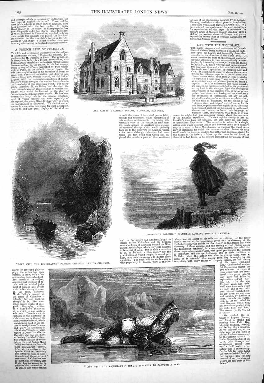 Old Antique Print 1865 Grammar School Banbury Columbus Esquimaux Lupton 19th