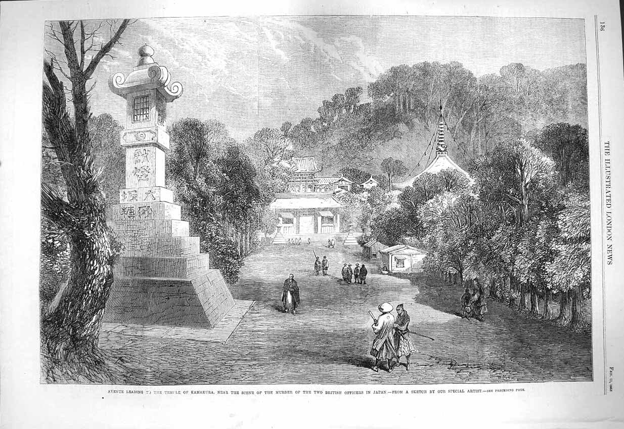 Original Old Antique Print 1865 Temple Kamakura Murder British Officers Japan