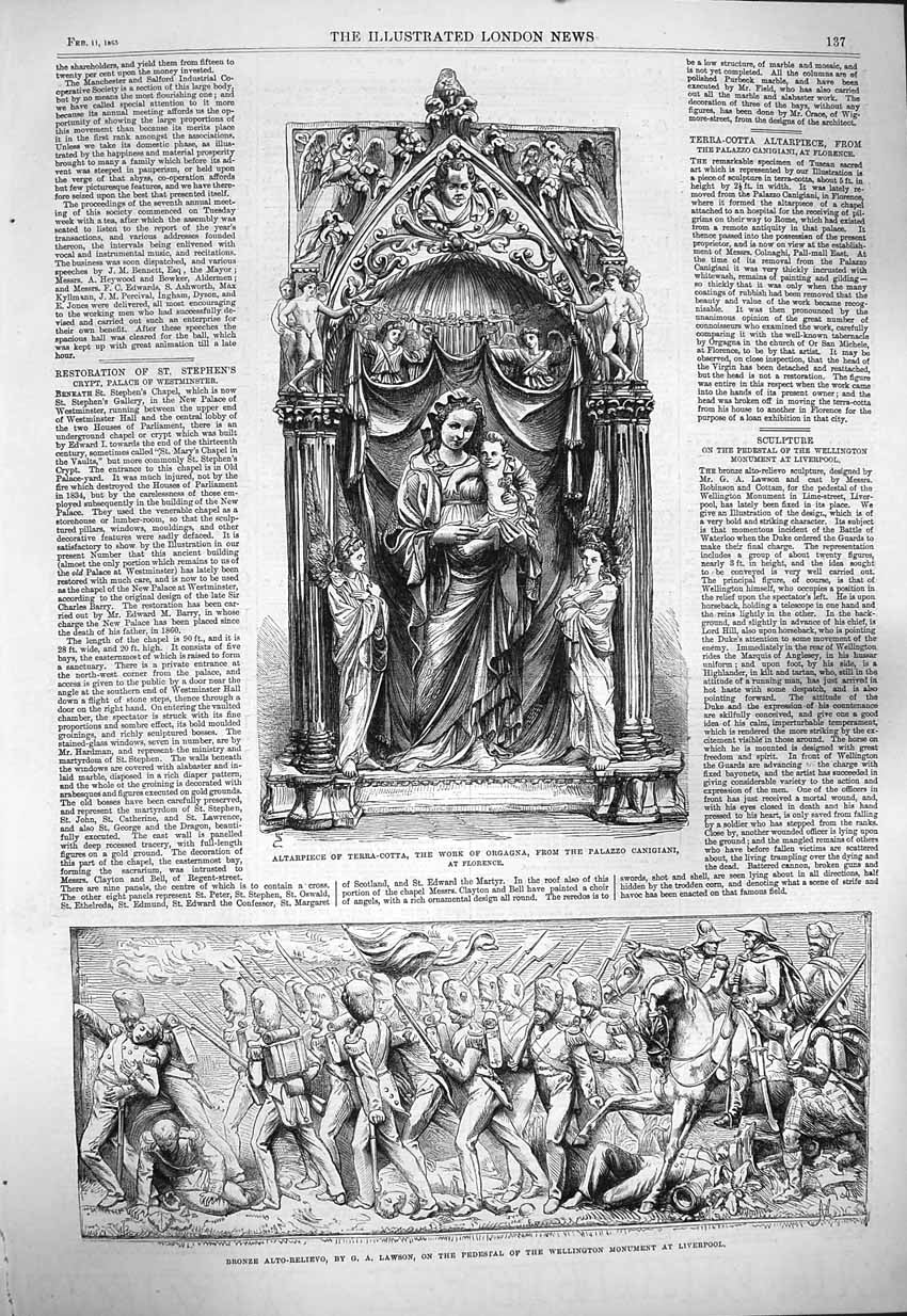 Original Old Antique Print 1865 Altarpiece Terra-Cotta Orgagna Liverpool Bronze