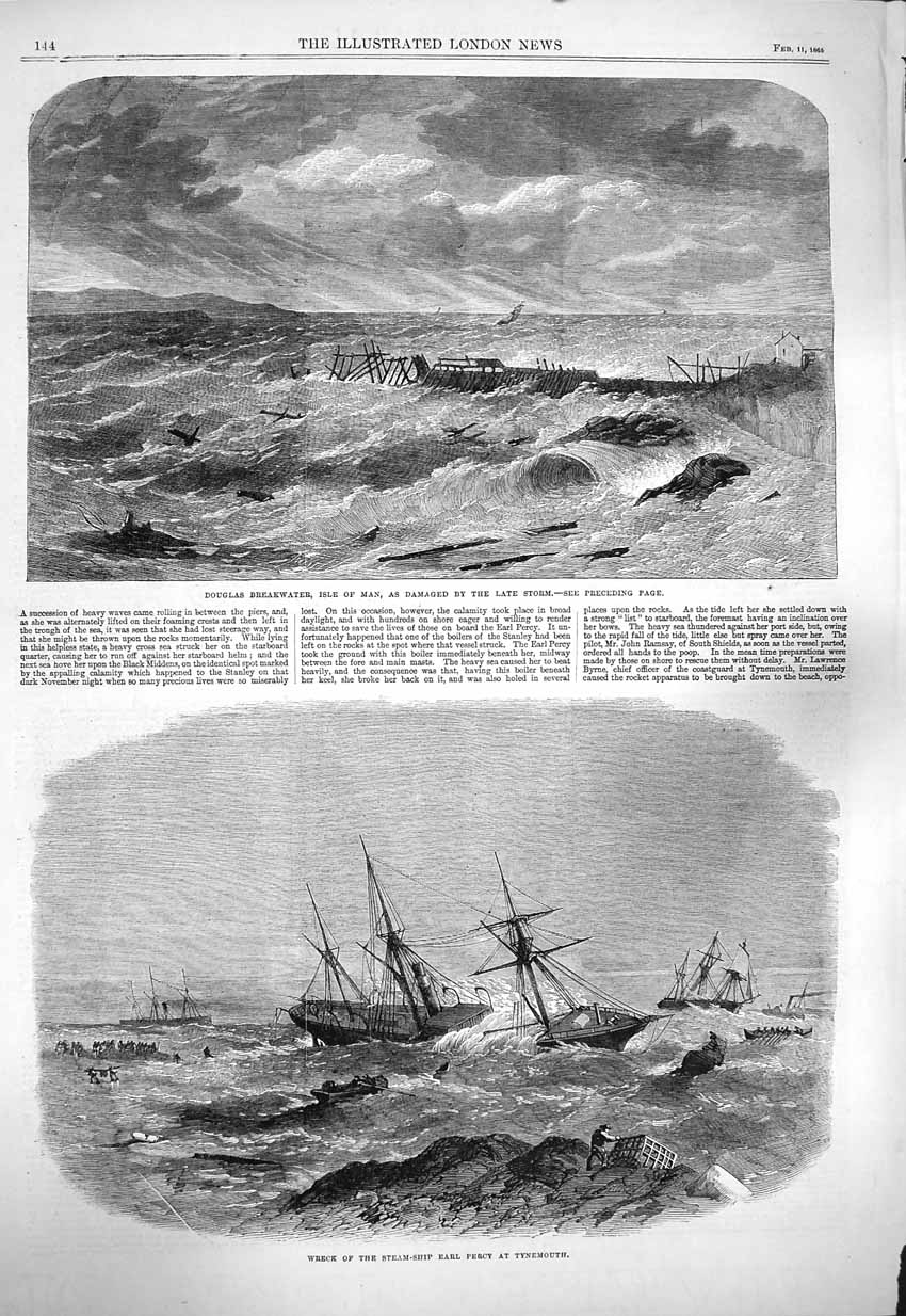 Original Old Antique Print 1865 Douglas Breakwater Isle Man Ship Wreck Ear 19th