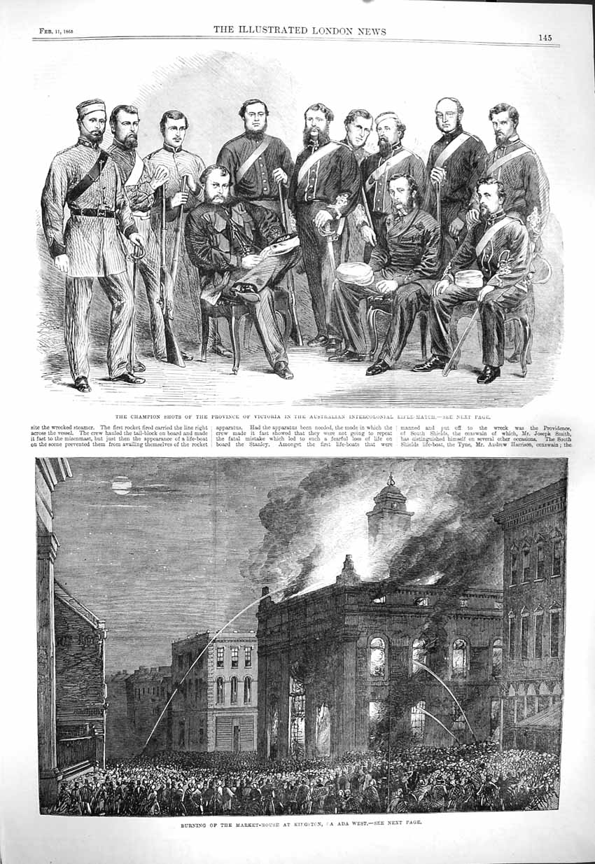 Original Old Antique Print 1865 Fire Kingston Australia Rifle Champions V 19th