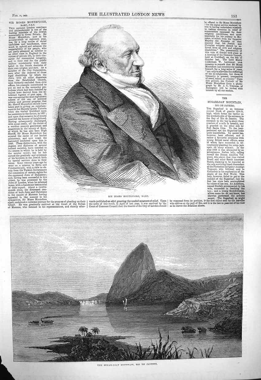 Old Antique Print 1865 Moses Montefiore Bart Sugar-Loaf Mountain Janeiro 19th