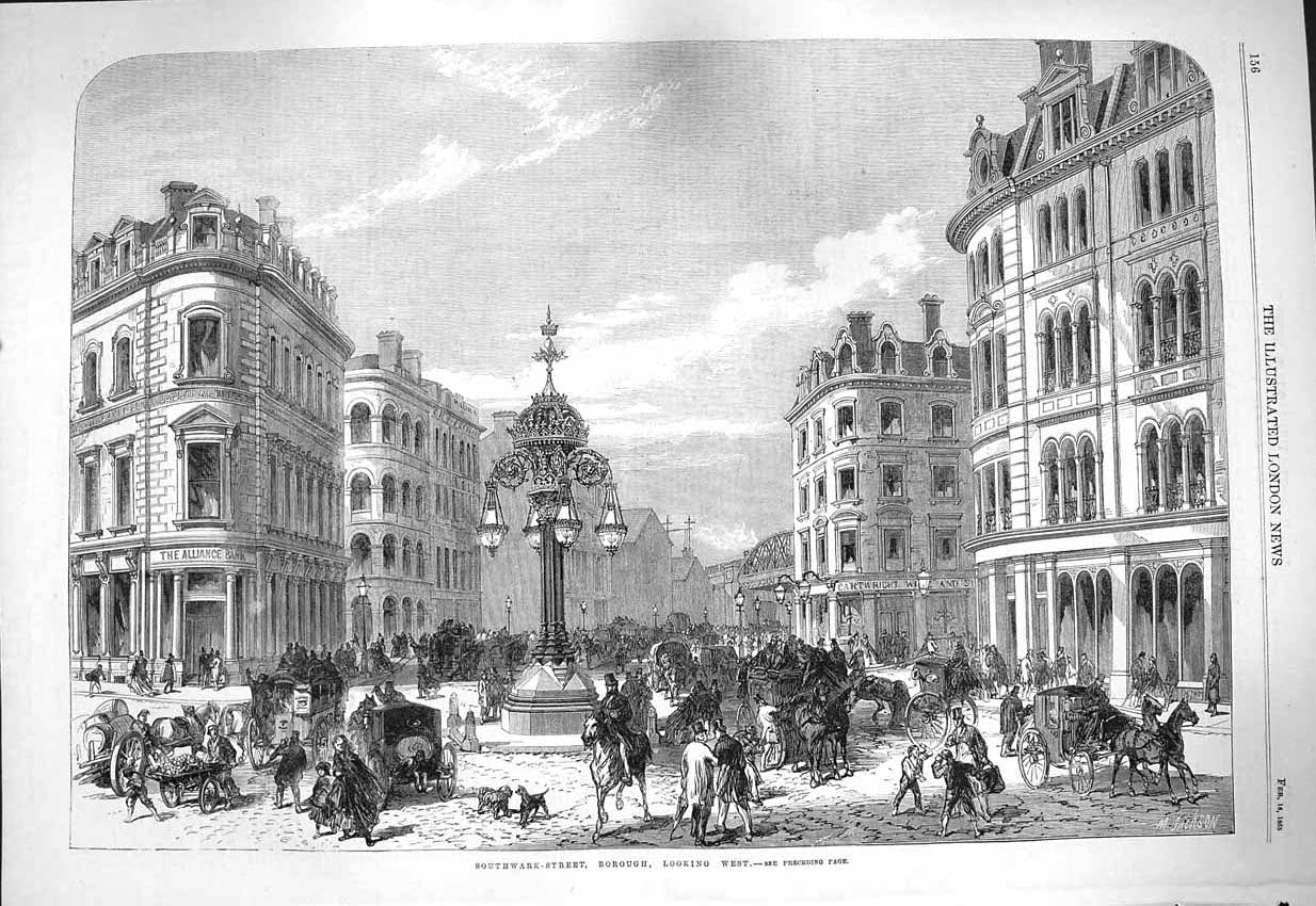 Original Old Antique Print 1865 Southwark Street Borough Architecture Fine Art