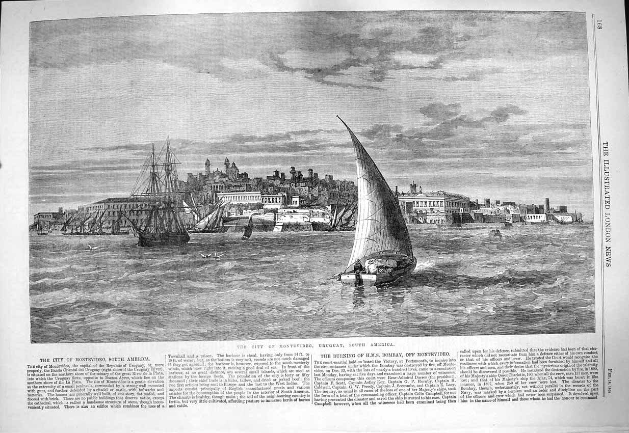 Old Antique Print 1865 View City Montevideo Uruguay South America Boats 19th