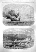 Old Antique Print 1865 Fire Ship Bombay Montevideo Wreck Assaye Ireland 19th