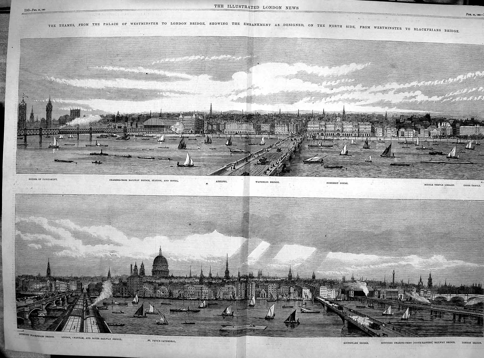 Original Old Antique Print 1865 River Thames Waterloo Bridge Cathedral West 19th