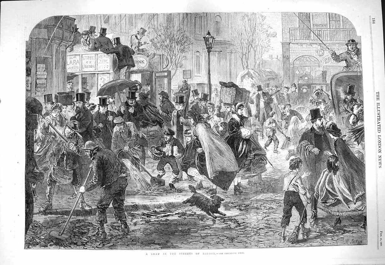 Original Old Antique Print 1865 Scene Winter Ice Thaw Streets London Jackson