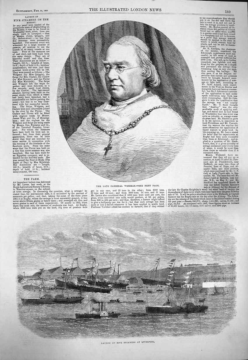 Original Old Antique Print 1865 Cardinal Wiseman Five Steamers Ships Liverpool