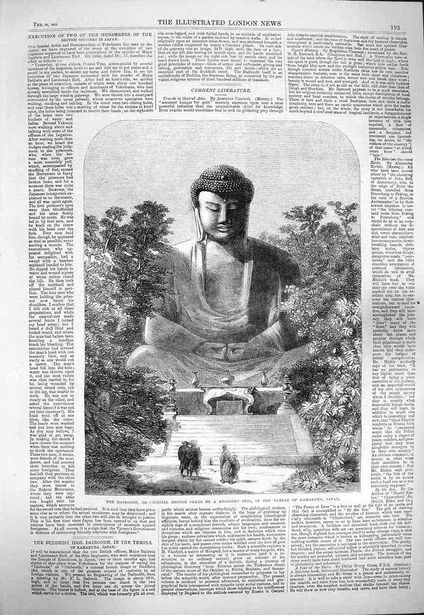 Original Old Antique Print 1865 Daiboodh Bronze Buddhist Idol Kamakura Japan