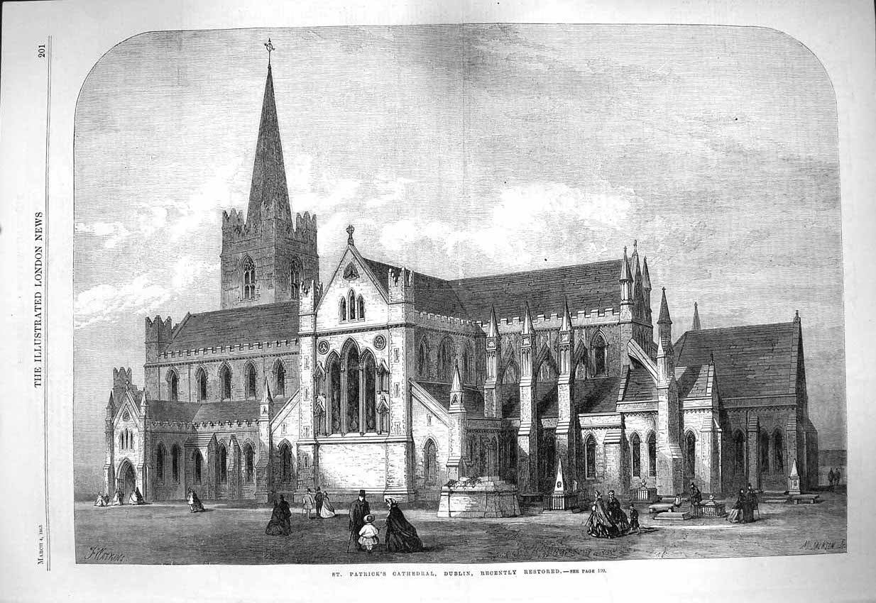 Old Antique Print 1865 St. Patricks Cathedral Dublin Ireland Architecture 19th