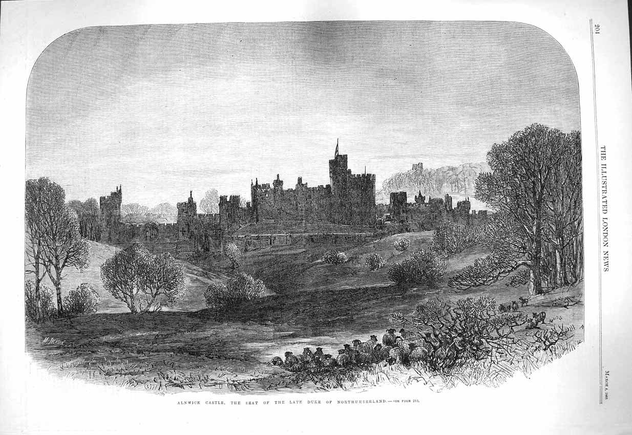 Original Old Antique Print 1865 Alnwick Castle Duke Northumberland F Victorian