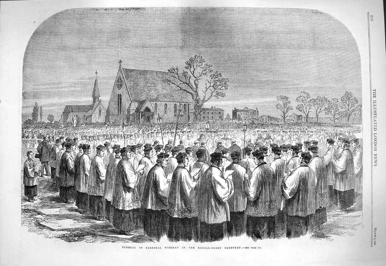 Original Old Antique Print 1865 Funeral Cardinal Wiseman Kensal Green Cemetery