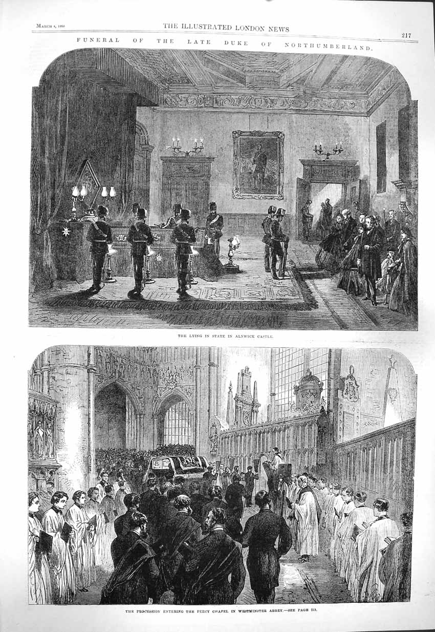 Old Antique Print 1865 Lying State Alnwick Castle Westminster Abbey Percy 19th