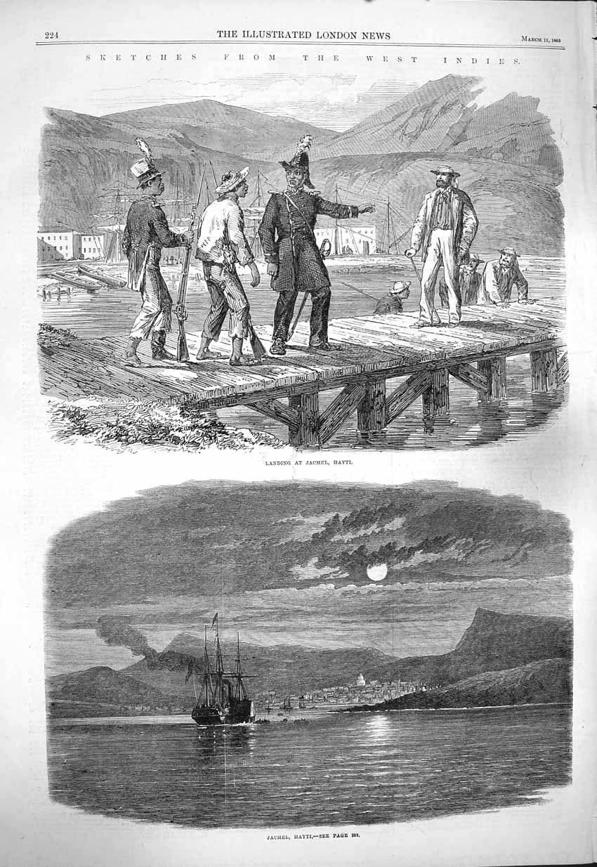 Original Old Antique Print 1865 West Indies Jacmel Hayto Siers Ship Mountains