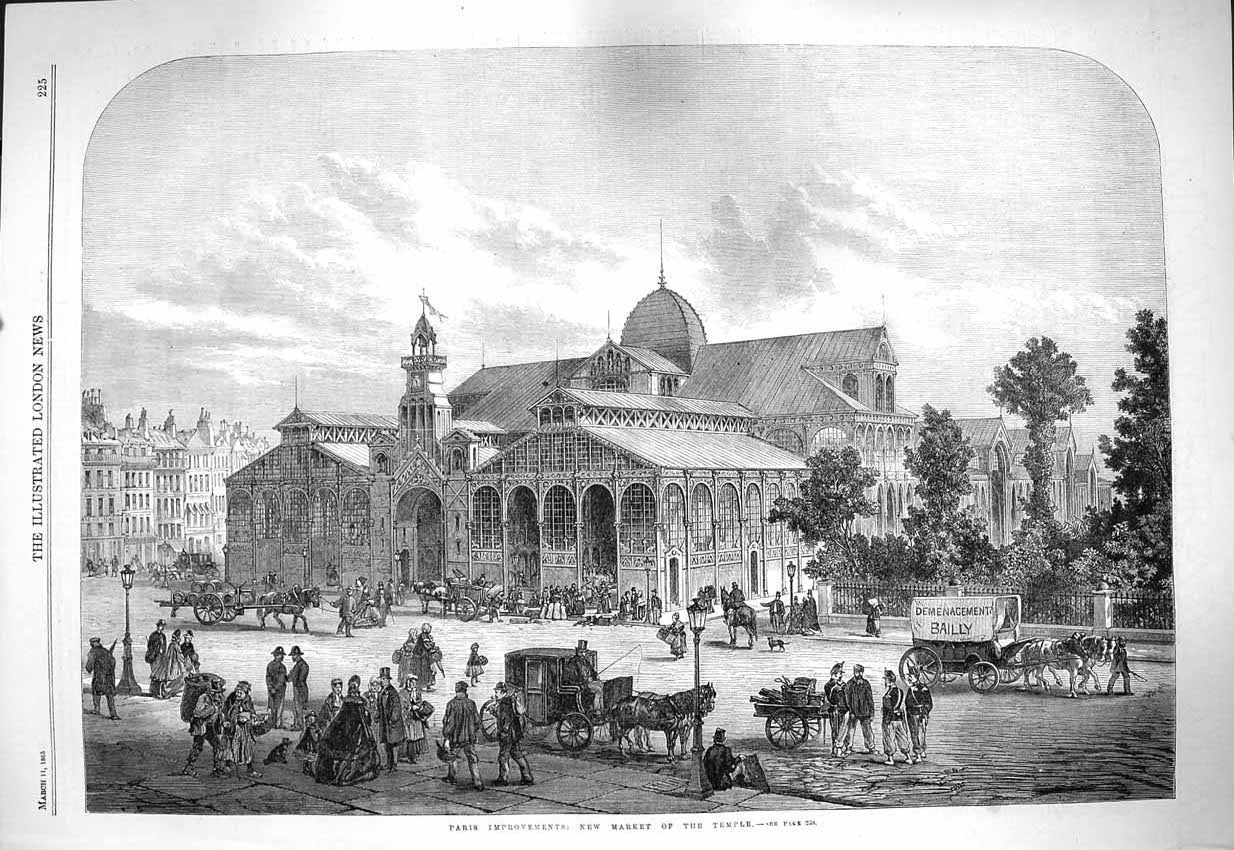 Old Antique Print 1865 Paris Improvements New Market Temple Architecture 19th