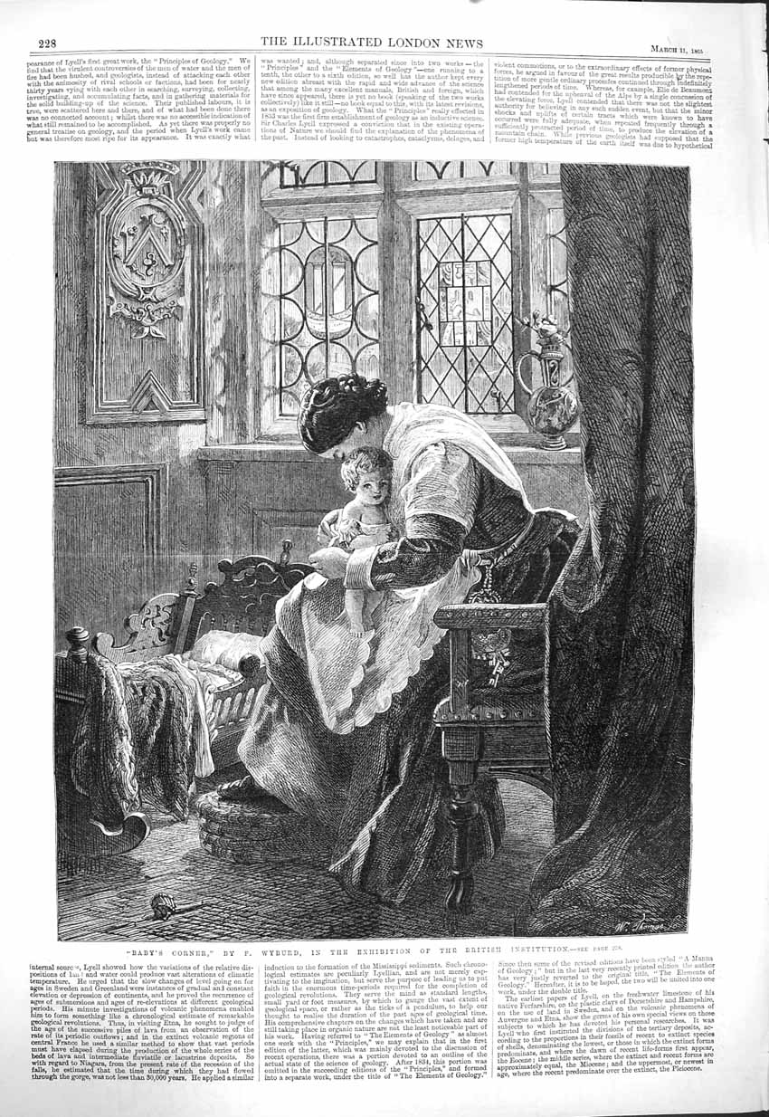 Original Old Antique Print 1865 Baby'S Corner Mother Little Girl Wyburd Art