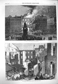 Old Antique Print 1865 Fire Ruins Savile House Leicester Square Fine Art 19th