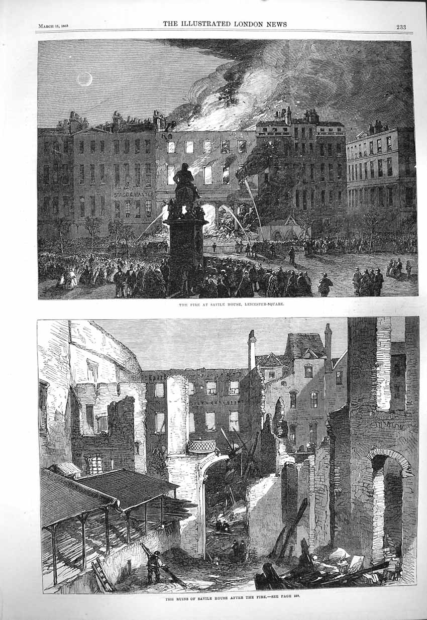 Old Antique Print 1865 Fire Ruins Savile House Leicester Square Fine Art 19th