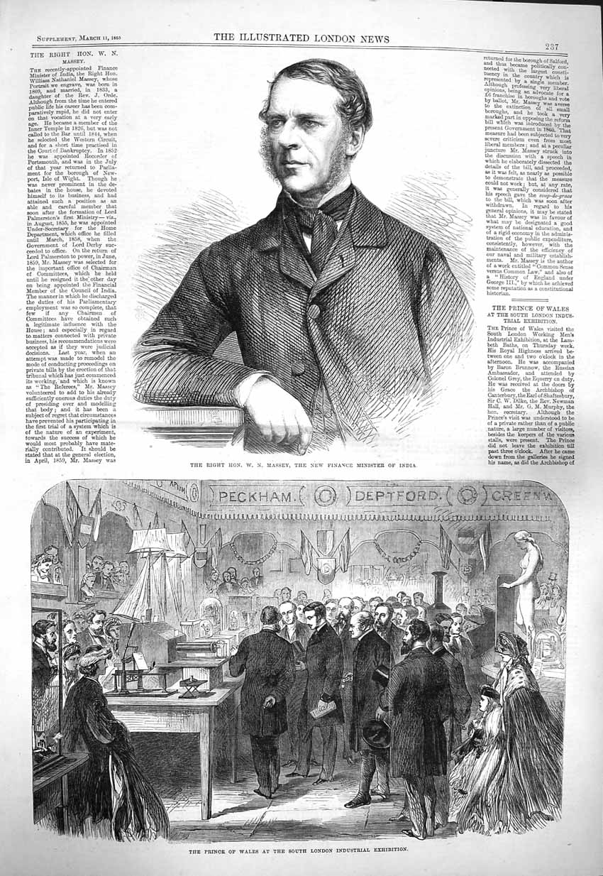 Old Antique Print 1865 Massey Finance Minister India Prince Wales London 19th