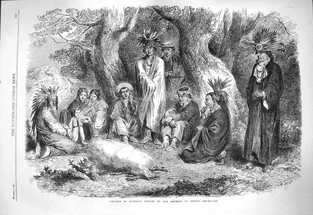 Original Old Antique Print 1865 Embassy Kickapoo Indians Emperor Mexico America