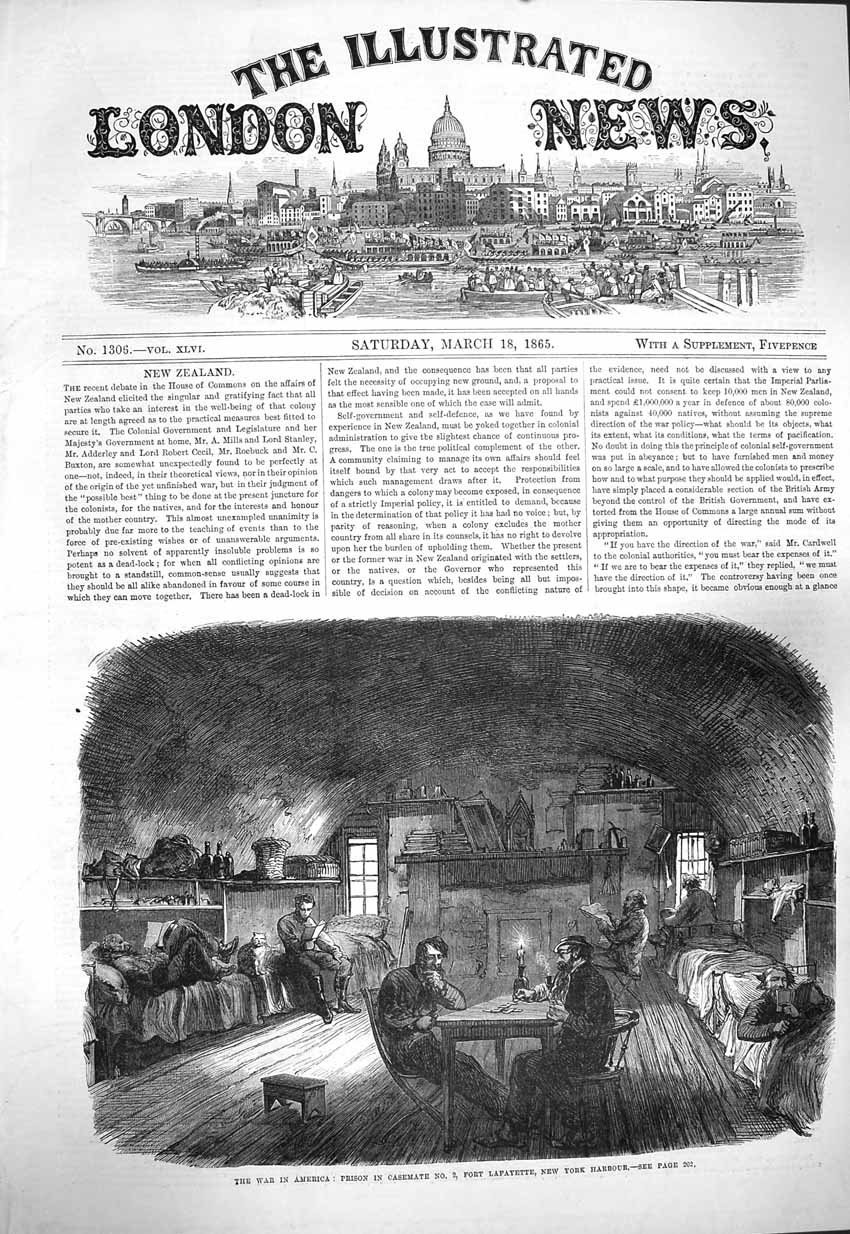 Original Old Antique Print 1865 War America Prison Casemate Fort Lafayet 19th