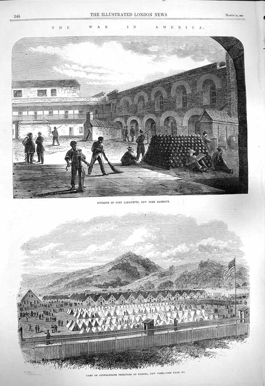 Original Old Antique Print 1865 War America Fort Lafayette New York Elmi 19th