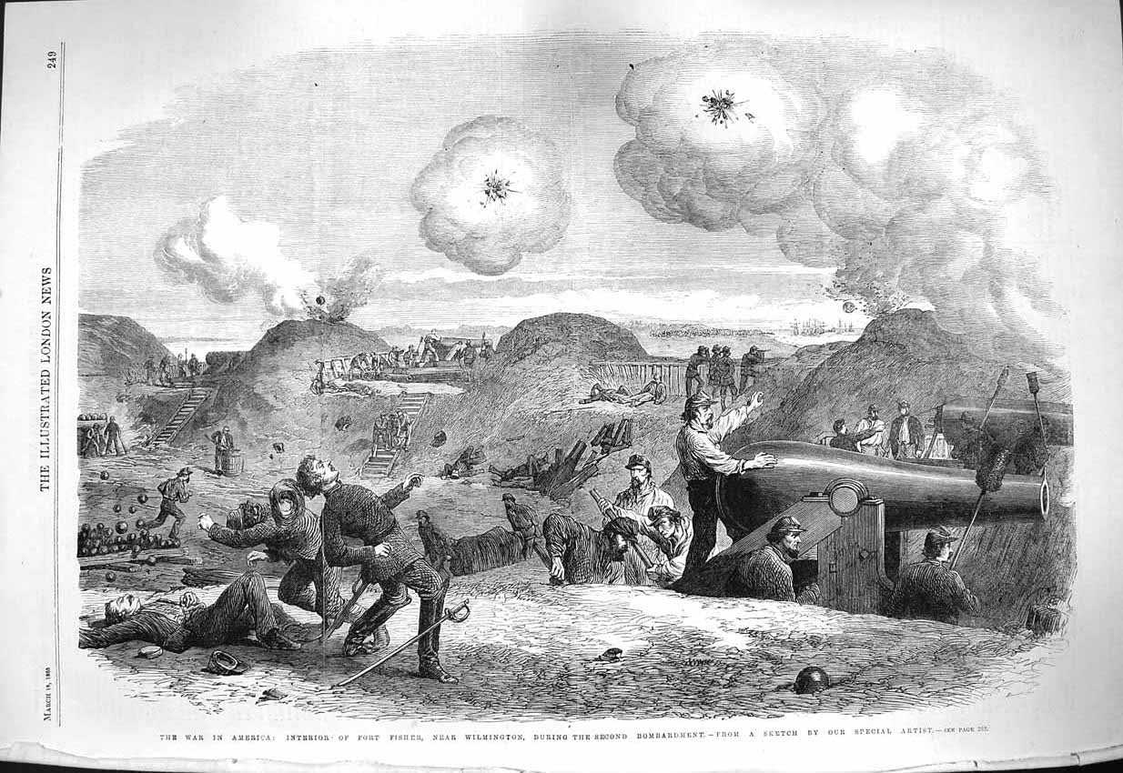 Original Old Antique Print 1865 War America Fort Fisher Wilmington Bombardment