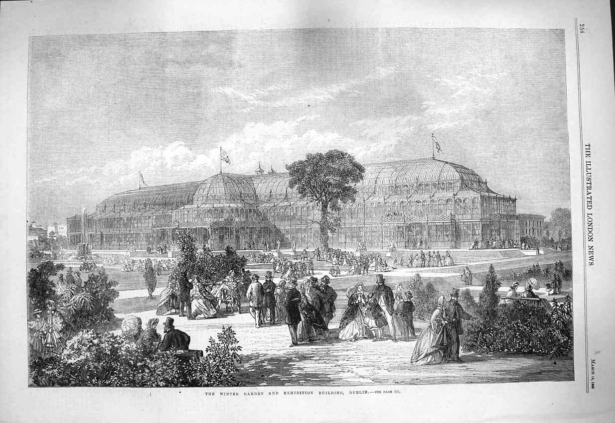 Old Antique Print 1865 Winter Gardens Exhibition Building Dublin Ireland 19th