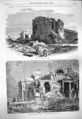 Original Old Antique Print 1865 Ruins Tower Fort Paysandu Brazil Church 19th