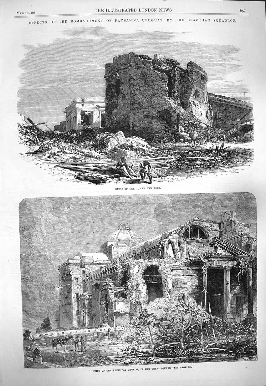 Original Old Antique Print 1865 Ruins Tower Fort Paysandu Brazil Church 19th