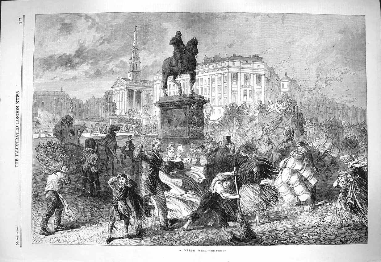 Original Old Antique Print 1865 London Street Scene Windy Storm 19th