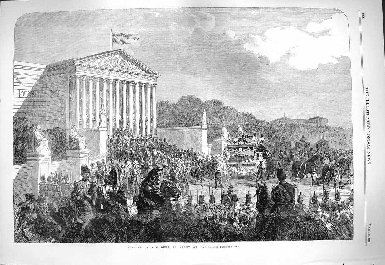 Original Old Antique Print 1865 Funeral Duke De Morny Paris France Fine Art