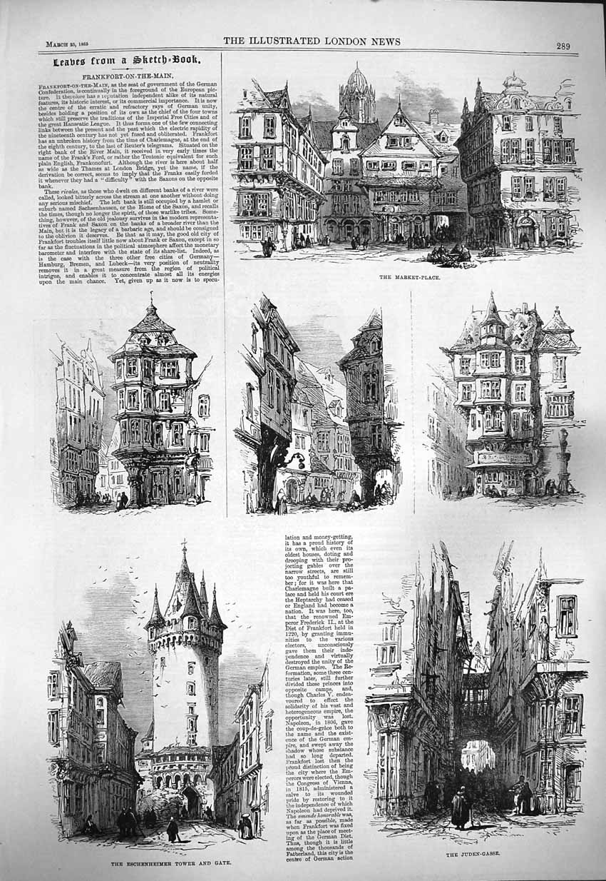 Original Old Antique Print 1865 Frankfort-On-The-Main Market Eschenheimer Juden