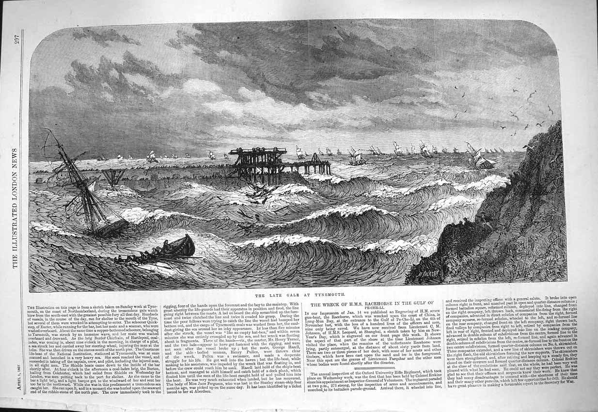 Original Old Antique Print 1865 Glae Tynemouth Ships Stormy Sea 19th