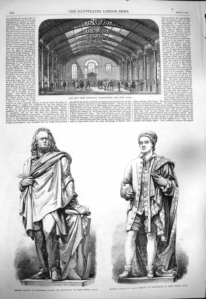 Original Old Antique Print 1865 Corn Exchange Basingstoke Statue Wilson Ramsay