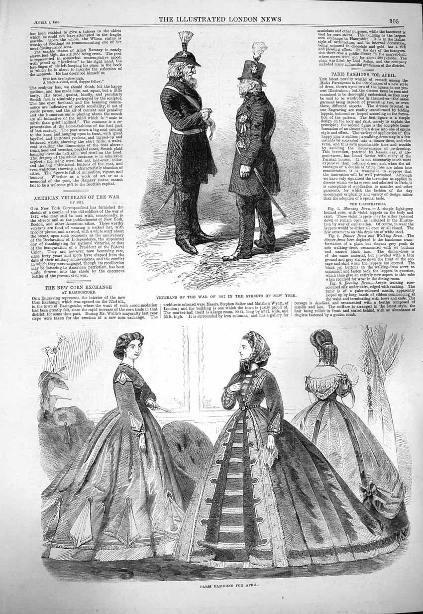 Old Antique Print 1865 Paris Fashion Veterans War Street New York America 19th