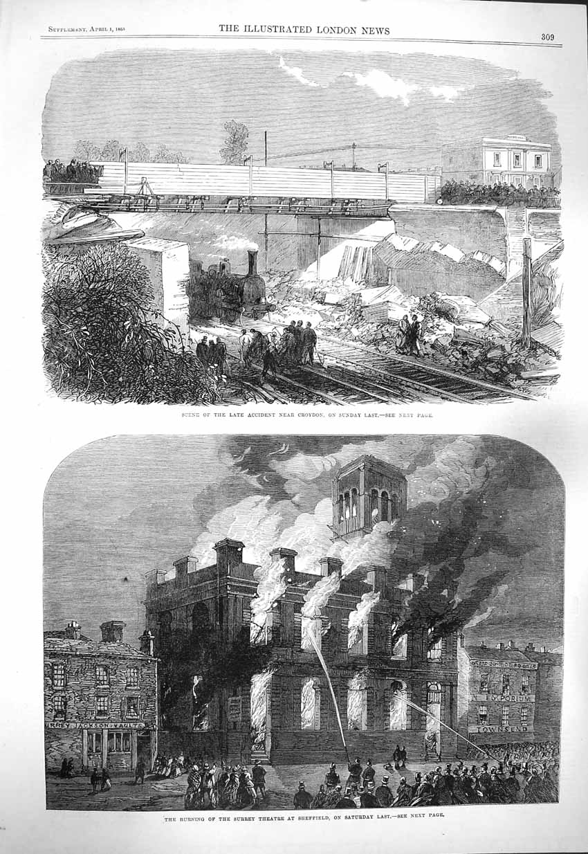 Old Antique Print 1865 Train Crash Croydon Fire Surrey Theatre Sheffield 19th