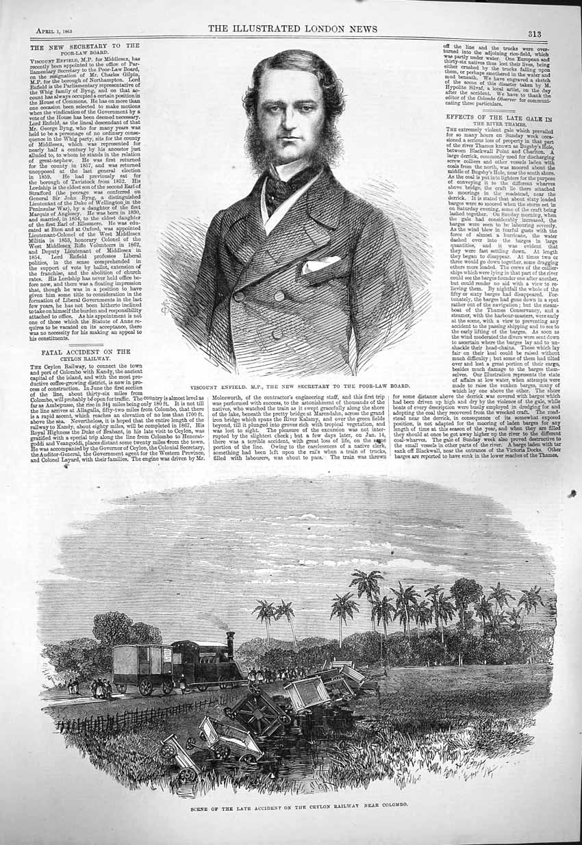 Original Old Antique Print 1865 Viscount Enfield Poor-Law Ceylon Railway Crash