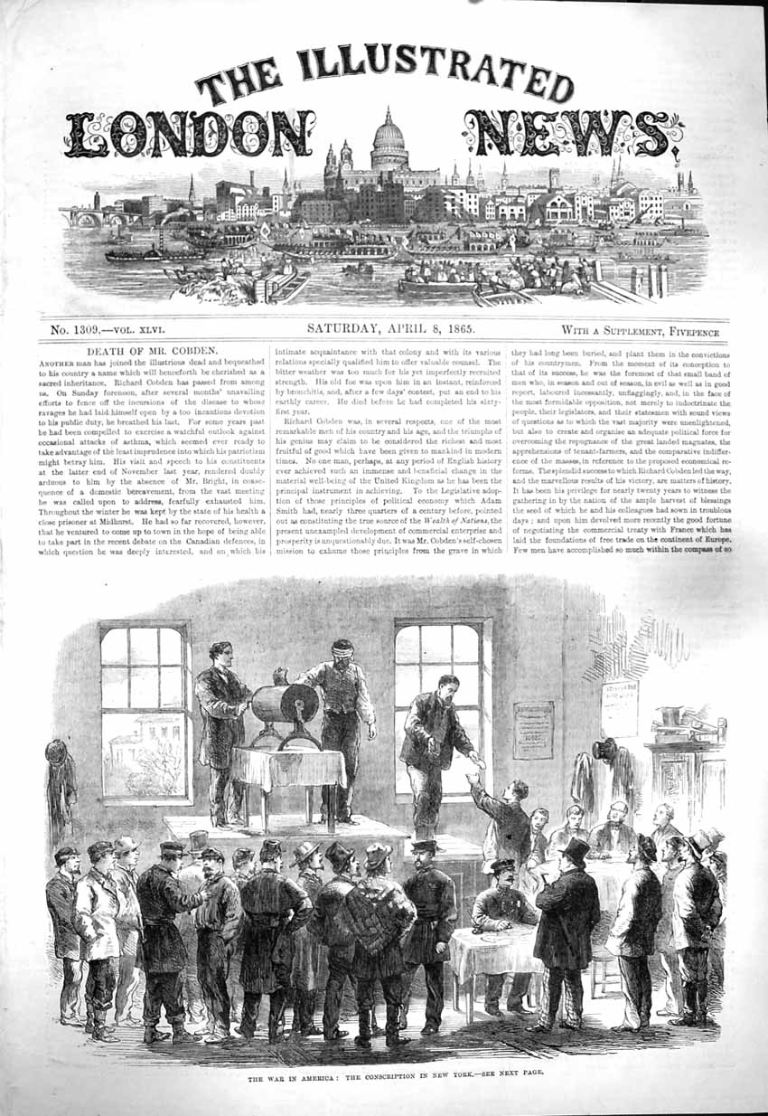 Original Old Antique Print 1865 War America Conscription New York America 19th