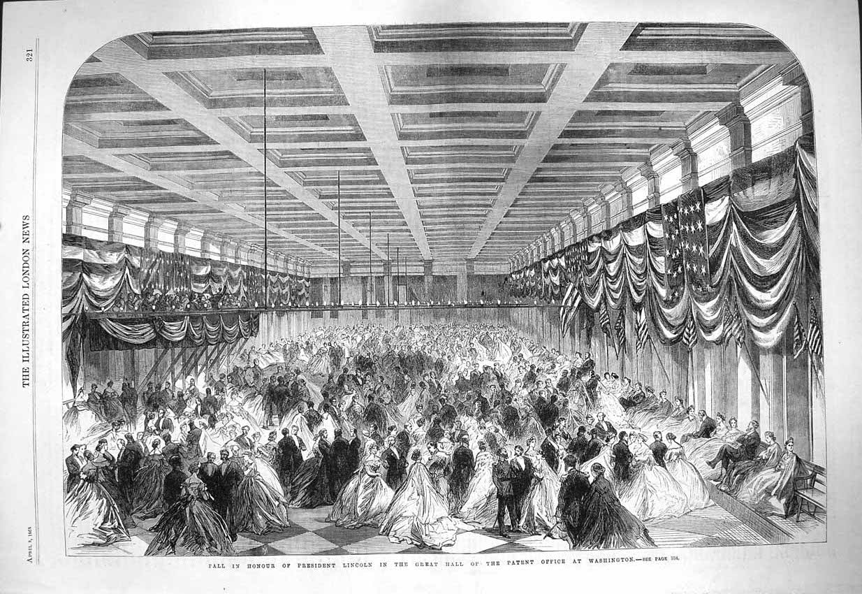 Original Old Antique Print 1865 President Lincoln Hall Patent Office Was 19th
