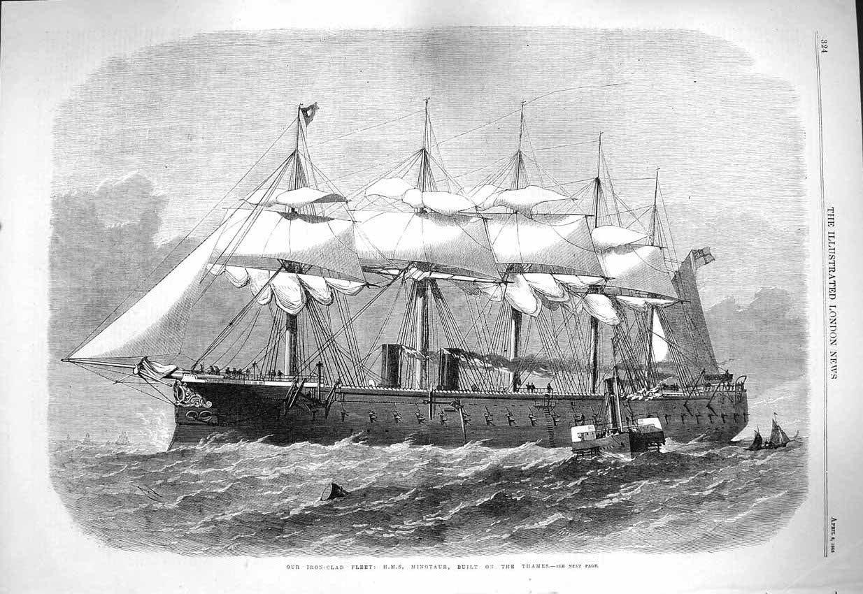 Old Antique Print 1865 Iron Clad Ship H.M.S. Minotaur River Thames London 19th