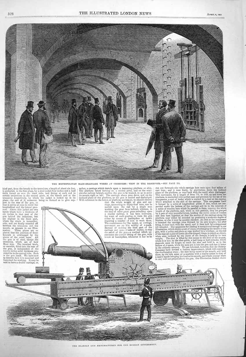 Old Antique Print 1865 Main-Drainage Works Crossness Blakely Gun Russian 19th