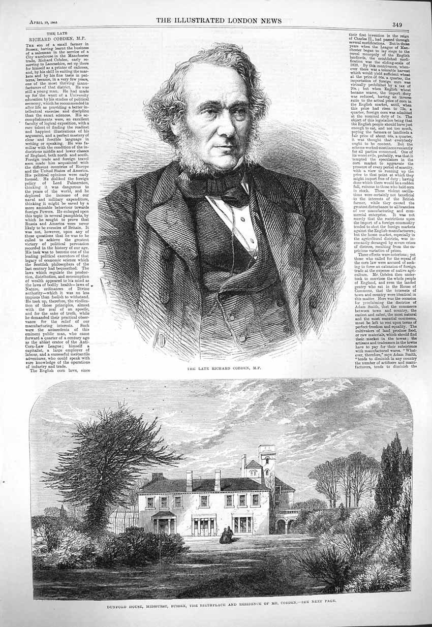 Original Old Antique Print 1865 Richard Cobden Dunford House Midhurst Sussex