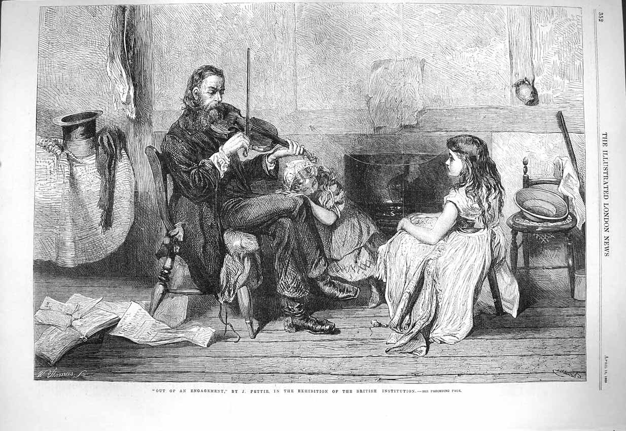 Original Old Antique Print 1865 Engagement Man Music Violin Children Pettie