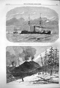 Original Old Antique Print 1865 Steam-Ram Stonewall Harbour Lisbon Mount Etna
